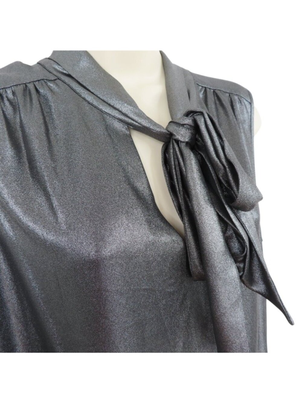 Calvin Klein Womens Large Metallic Silver Gray Sleeveless Neck Tie Shirt Blouse - Picture 3 of 8